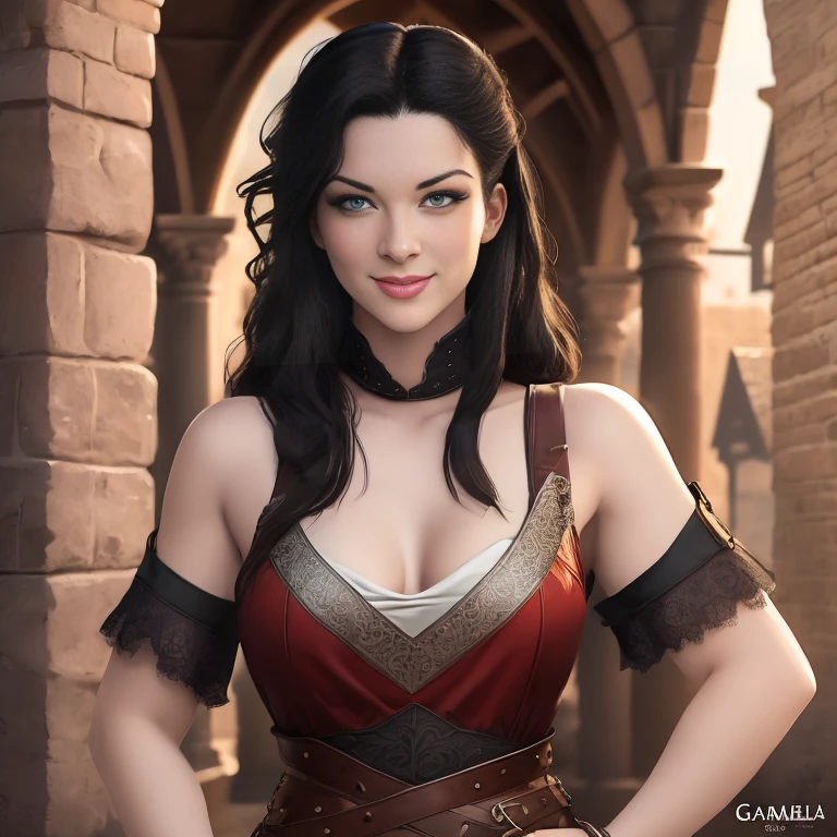 Punktzahl_9, Punktzahl_8_hoch, Punktzahl_7_hoch, Punktzahl_6_hoch, Punktzahl_5_hoch, Carmilla Bolton aus Game of Thrones, schwarzes Haar, sexy, extrem detailliertes Artgerm, neckendes Lächeln, in mittelalterlich guard uniform posing, Taille, Dekollete, (Meisterwerk, beste Qualität:1.2), Auf dem Stadtplatz Palisade, mittelalterlich, (wahnsinnig detailliert, Schöne Details, Meisterwerk, beste Qualität), (wahnsinnig detailliert, Meisterwerk, beste Qualität) woStoya