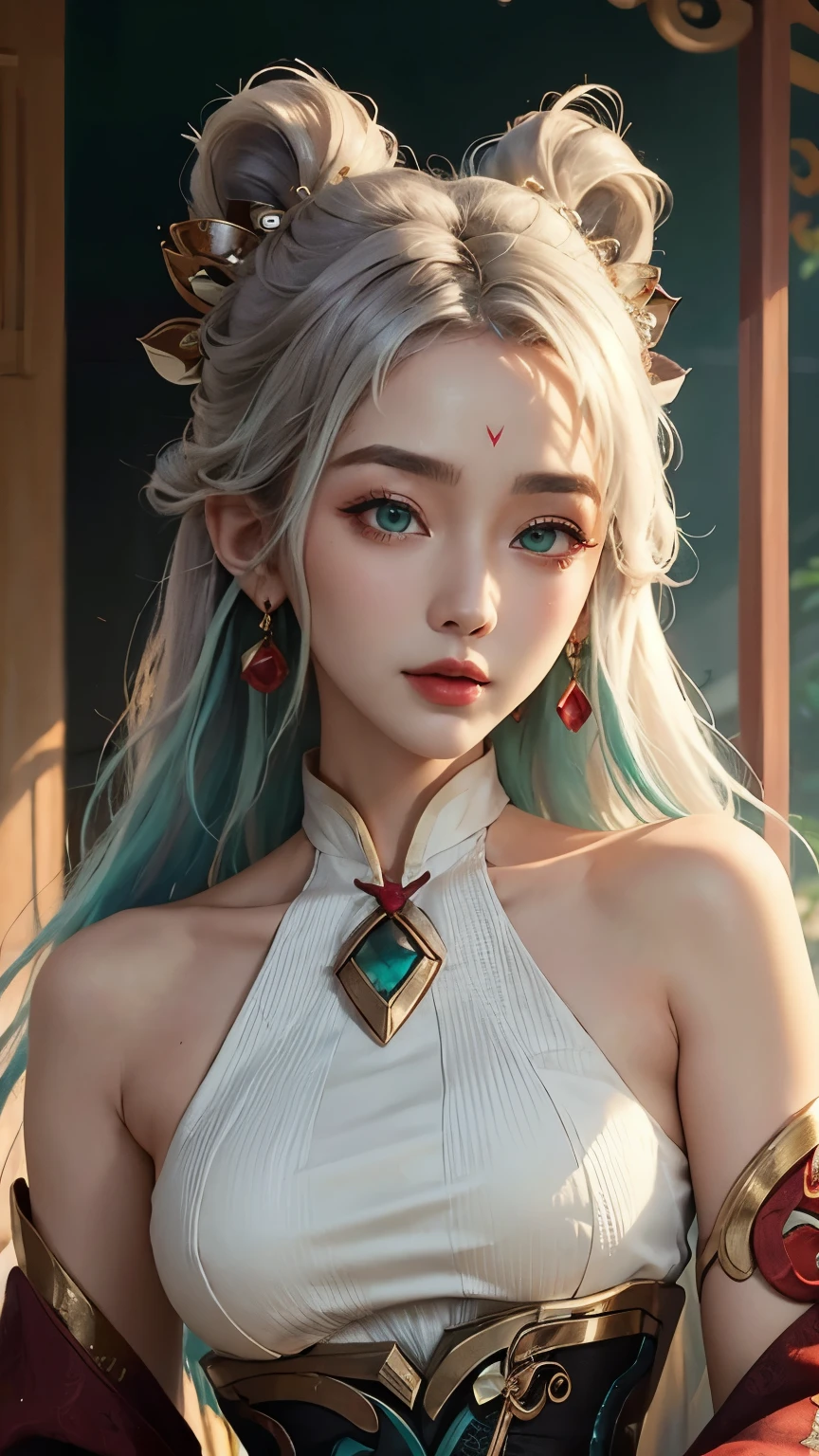 (masterpiece, best quality:1.2), intricate details, mythmaker irelia, 1girl, hair ornament, hair rings, bare shoulders, dress, detached sleeves, forehead mark, multicolored hair, white hair, earrings, green eyes, textured skin, looking at viewer, solo, light smile, (mature female:1.2),sexy pose