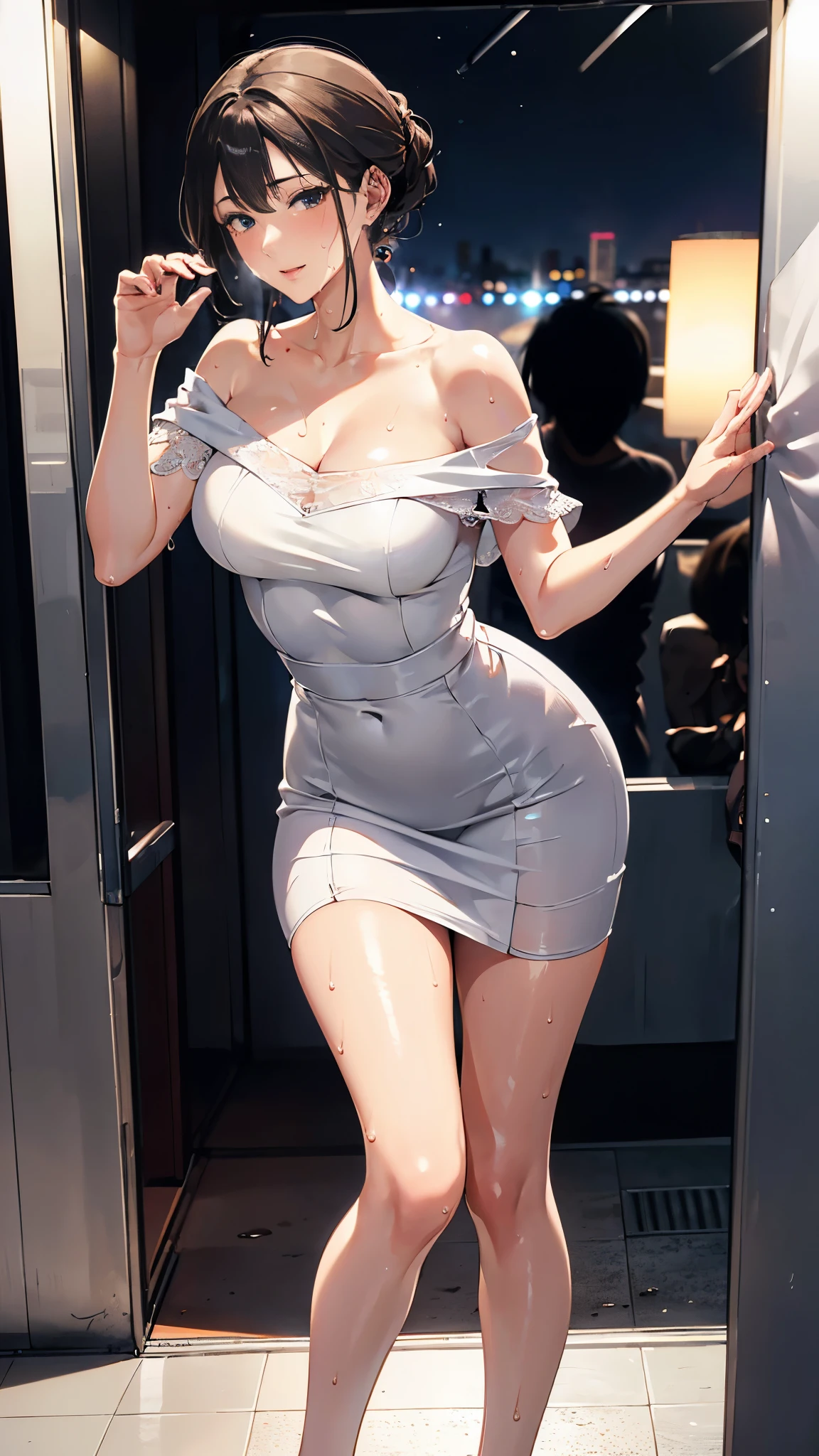 (8k, RAW photo、highest quality、masterpiece:1.2), Masterpiece, best quality, high resolution, very detailed, detailed background, 1 girl, looking at the audience, standing on the subway, inside the train, posing pose, white off-the-shoulder dress, skirt, transparent, happy, (steam),((sweat))、The temptress、invite to lewdness、(night:1.6)
