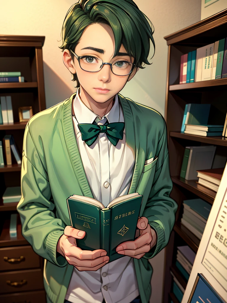 Cute, nerdy boy, delicate face, beautiful face, shy expression and flushed cheeks, green eyes, delicate mouth, delicate body. He's wearing round glasses, nerdy clothes, holding books. Scene, teenager's room.