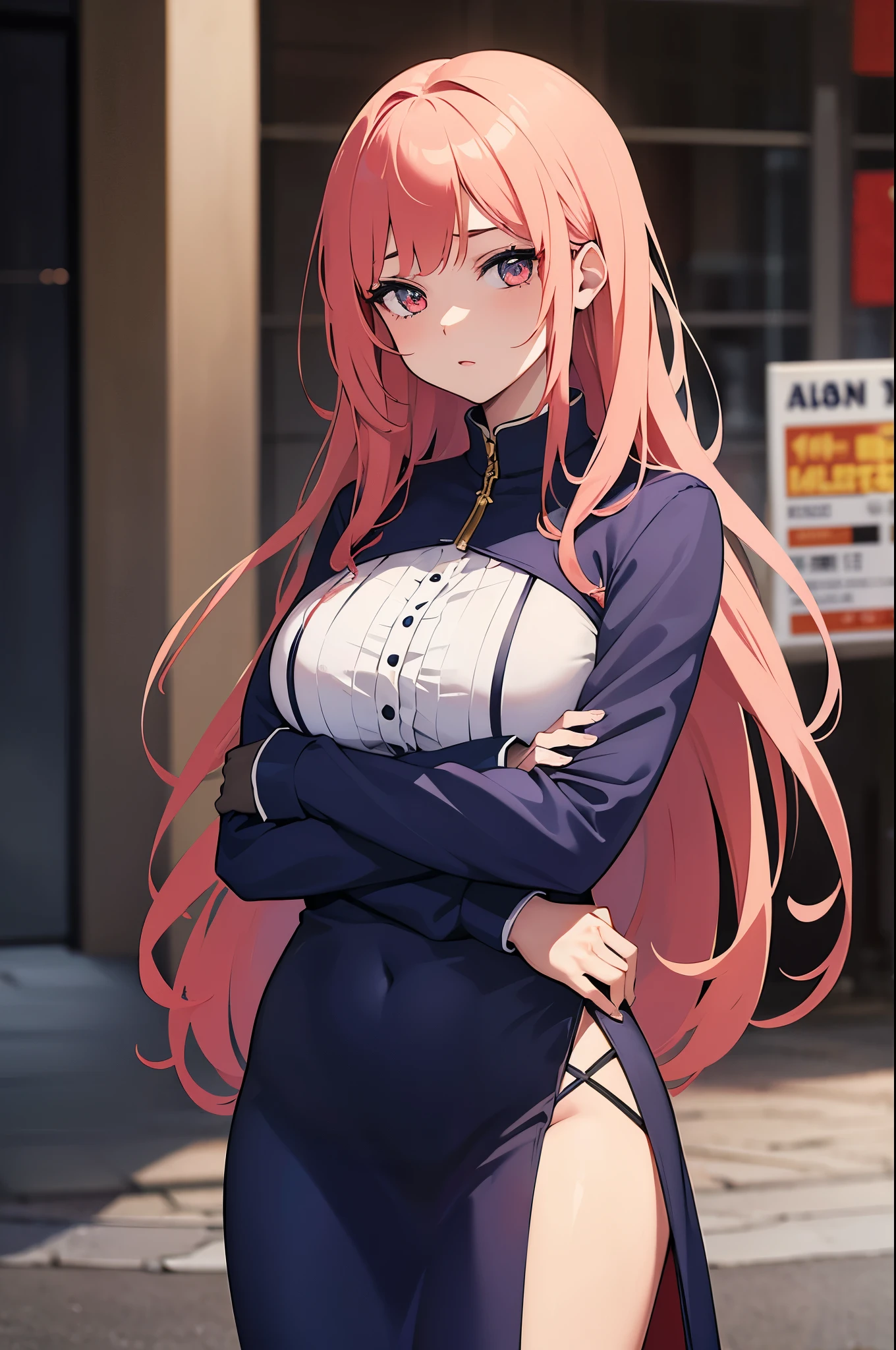 Anime girl with long pink hair and a blue dress standing in front of a  building - SeaArt AI