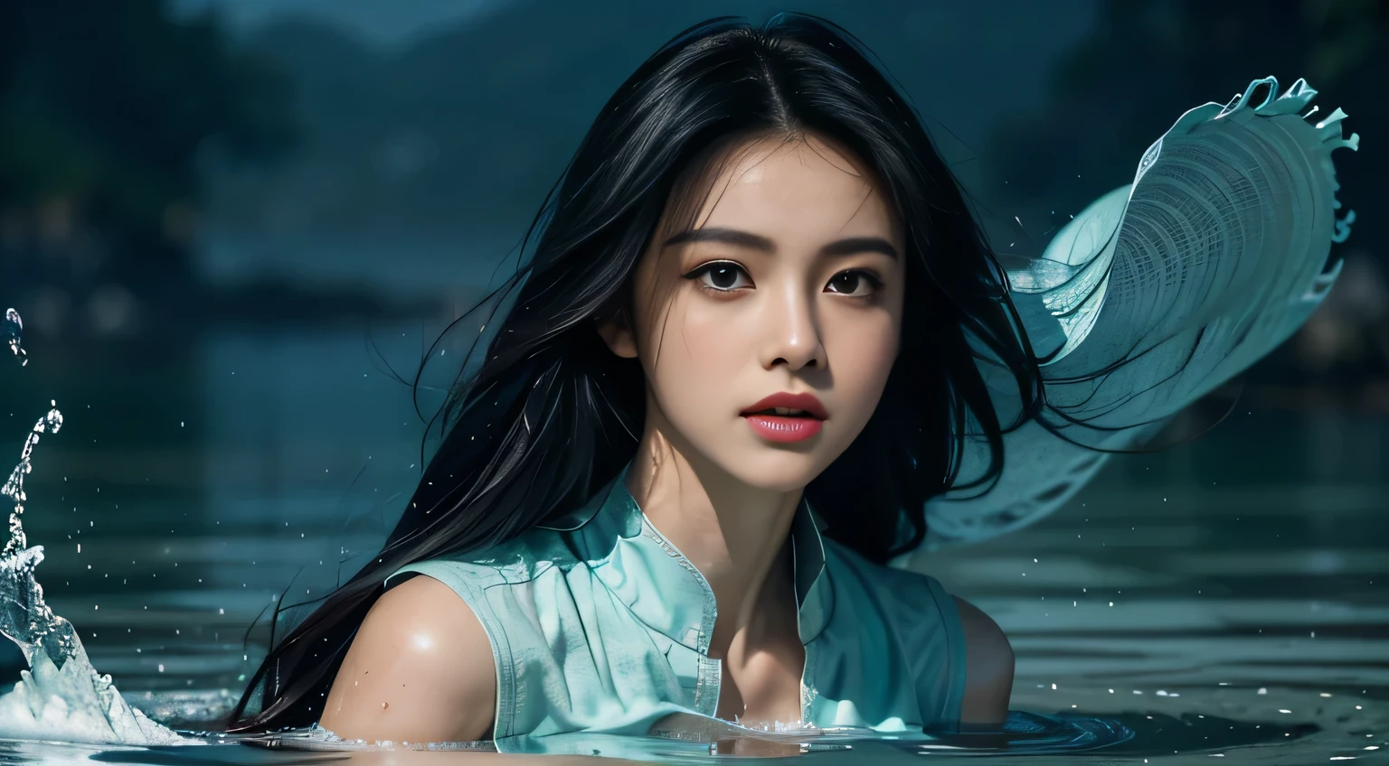 （masterpiece，Top quality，optimal，official art，Pretty and beautiful，Long-term contact：1.2），Smooth movement，attractive pattern，a girl，Adult women，Perfect skin，Jade Eyes，Black leaf hair，Sportswear，solo，Upper part of the body，Staring at the Observer，Detailed background，Delicate face，（water crystal artificial intelligence，Water Crystal Theme：1.1），Elemental water elves，Swirlwater，Water control，Fantasy magician costume，dynamic poses，Floating particles，Ether dynamics， water，Steaming hot，Background sea，Blue tint，coastal，Dreamy atmosphere，。Black Hair。whole face。in water