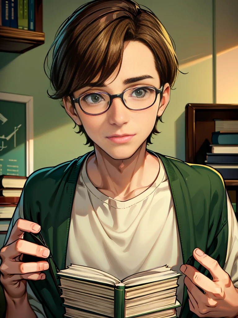 Cute, nerdy boy, brown hair, delicate face, beautiful face, shy squeezing and flushed cheeks, green eyes, delicate mouth, delicate body. He's wearing round glasses, nerdy clothes, holding books. Scene, teenager's room.