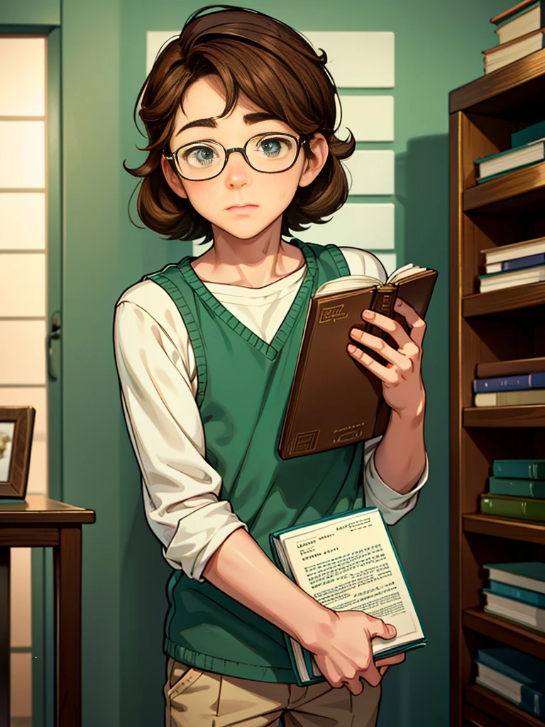 Cute, nerdy boy, brown hair, delicate face, beautiful face, shy squeezing and flushed cheeks, green eyes, delicate mouth, delicate body. He's wearing round glasses, nerdy clothes, holding books. Scene, teenager's room.