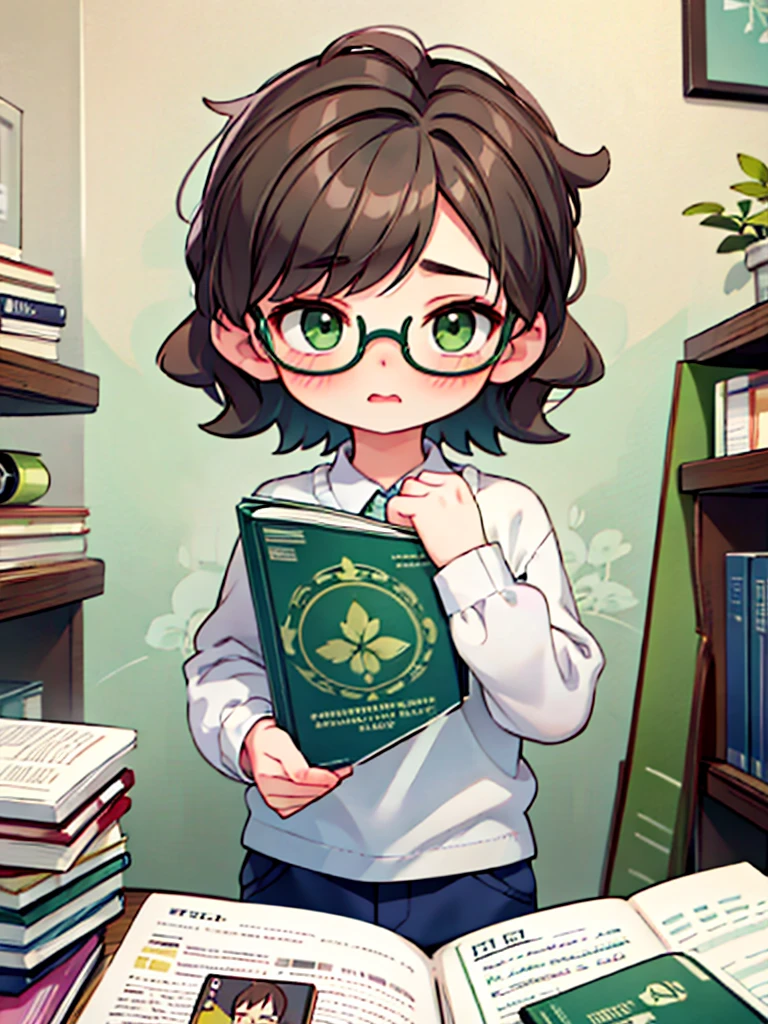 Cute, nerdy boy, brown hair, delicate face, beautiful face, shy squeezing and flushed cheeks, green eyes, delicate mouth, delicate body. He's wearing round glasses, nerdy clothes, holding books. Scene, teenager's room.