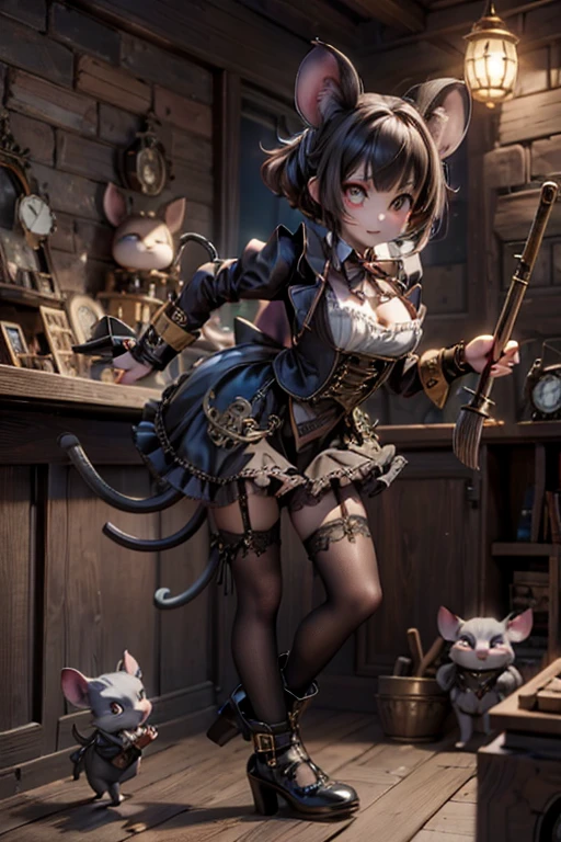 a cute horned demon surprised, steampunk clothing, wearing a steampunk maid outfit, (round toe) pumps, holding a broom, chasing a mice, hunting a mice qith a broom, sfw