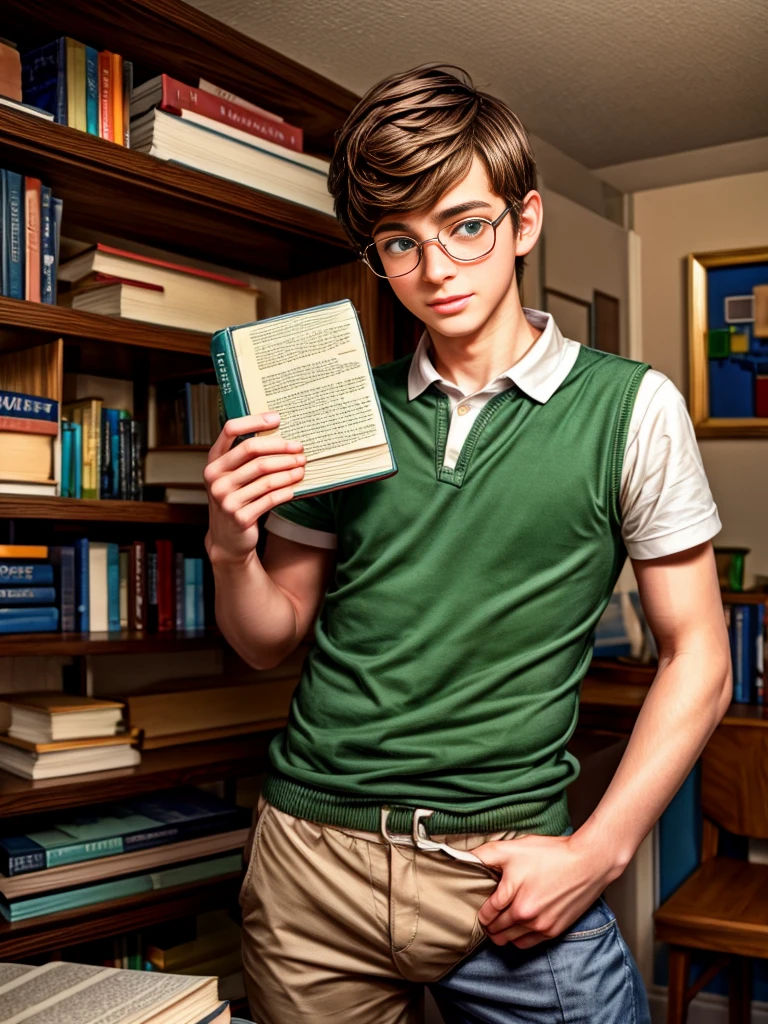 Cute, nerdy boy, brown hair, delicate face, beautiful face, shy squeezing and flushed cheeks, green eyes, delicate mouth, delicate body. He's wearing round glasses, nerdy clothes, holding books. Scene, teenager's room.