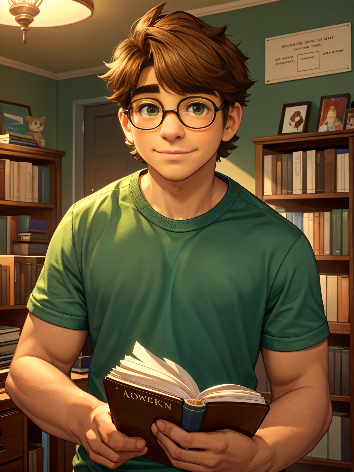 Cute, nerdy boy, brown hair, delicate face, beautiful face, shy expression and flushed cheeks, green eyes, delicate mouth, strong body. He's wearing round glasses, nerdy clothes, holding books. Scene, teenager's room.