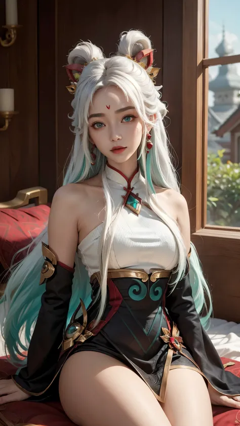 (masterpiece, best quality:1.2), intricate details, mythmaker irelia, 1girl, hair ornament, hair rings, bare shoulders, dress, d...