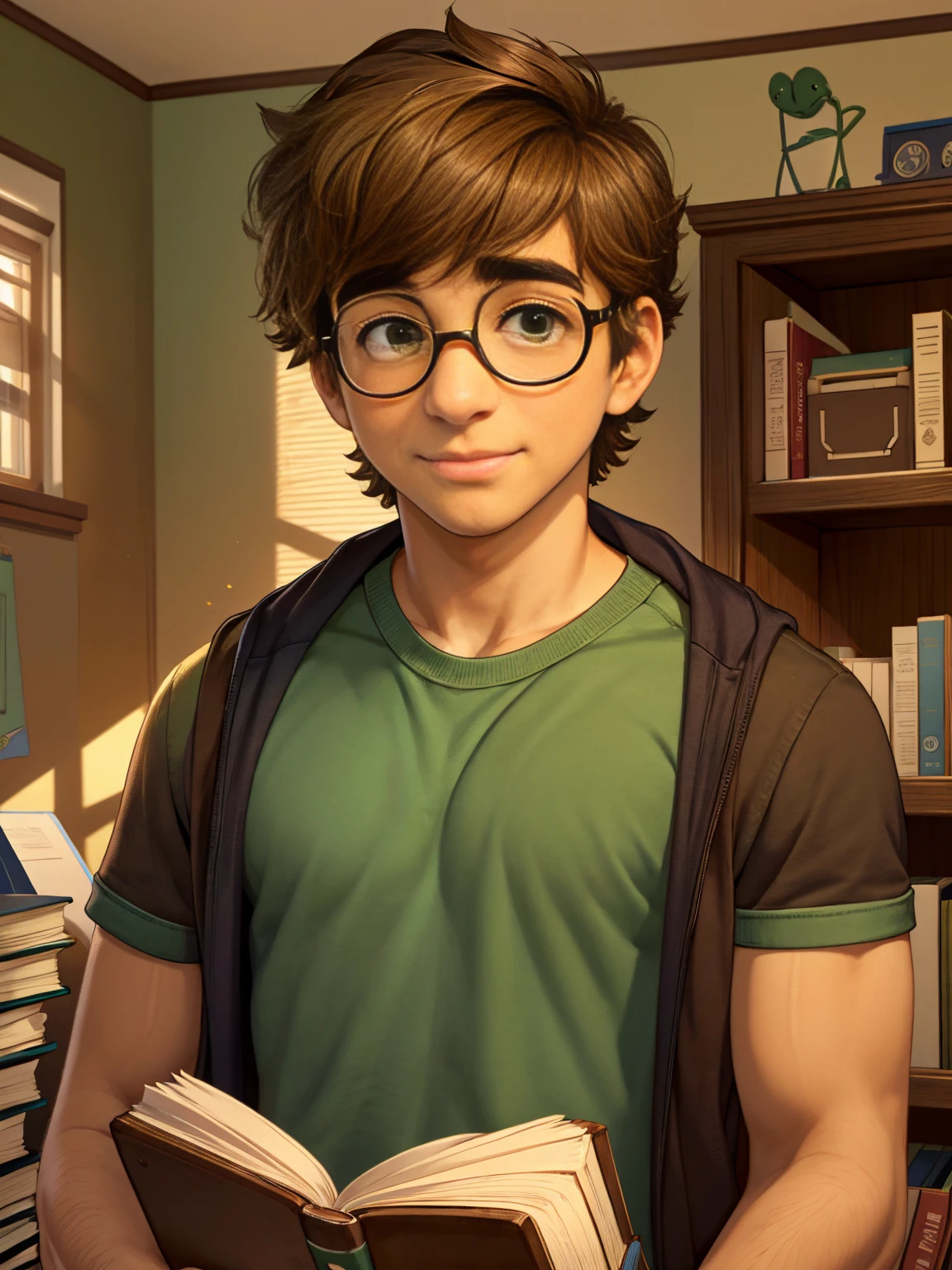 Cute, nerdy boy, brown hair, delicate face, beautiful face, shy expression and flushed cheeks, green eyes, delicate mouth, strong body. He's wearing round glasses, nerdy clothes, holding books. Scene, teenager's room.