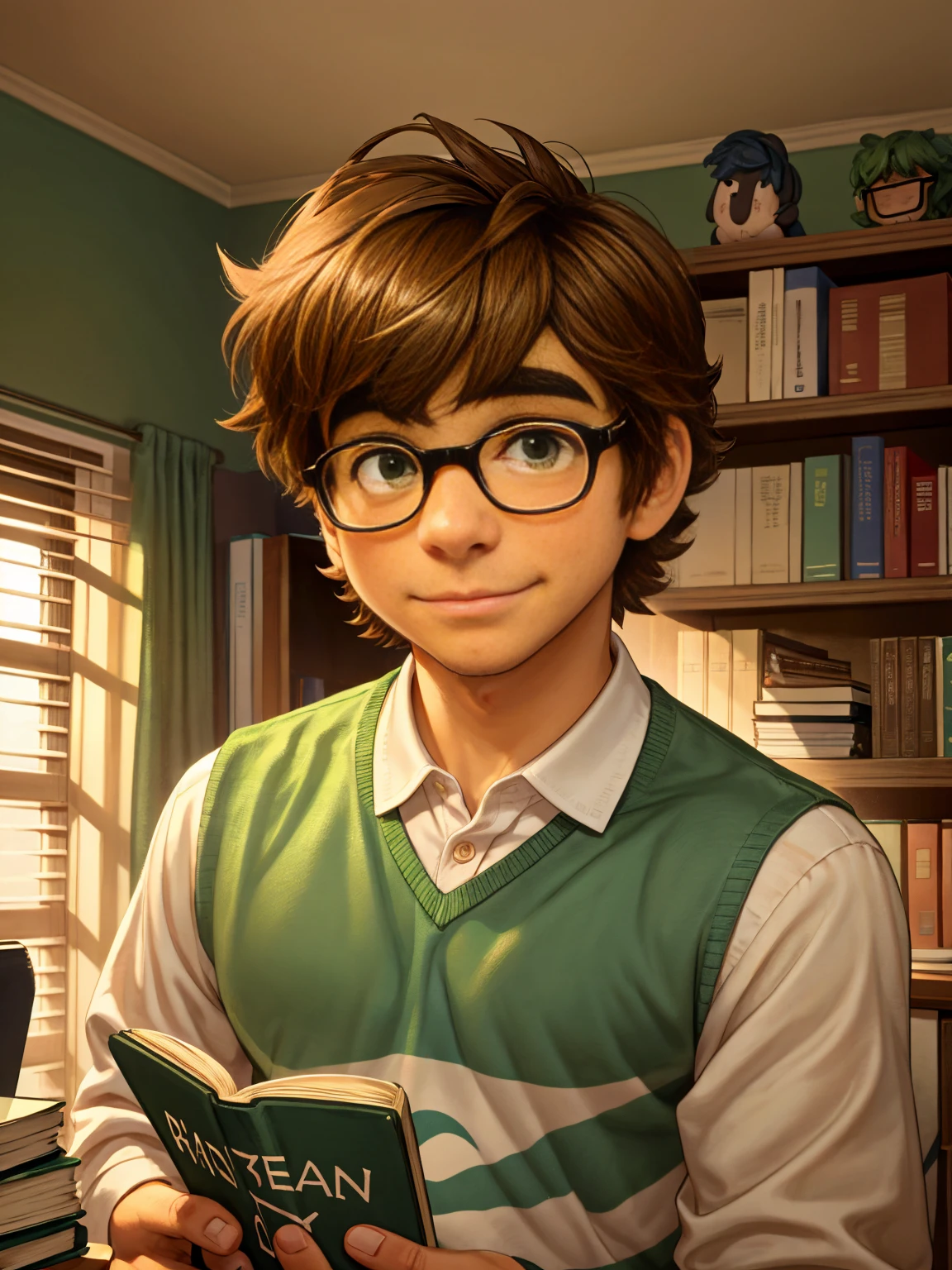 Cute, nerdy boy, brown hair, delicate face, beautiful face, shy expression and flushed cheeks, green eyes, delicate mouth, strong body. He's wearing round glasses, nerdy clothes, holding books. Scene, teenager's room.