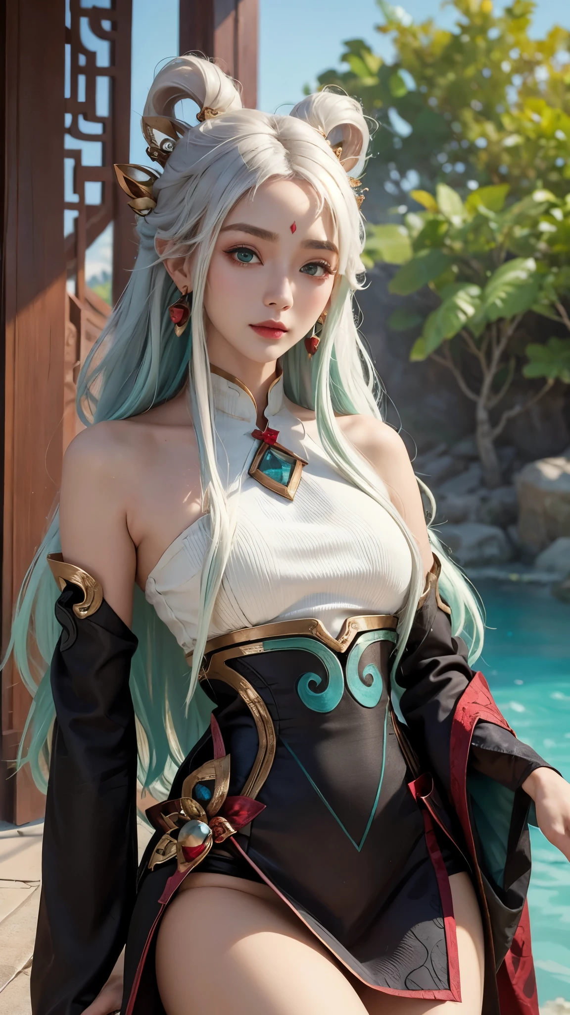 (masterpiece, best quality:1.2), intricate details, mythmaker irelia, 1girl, hair ornament, hair rings, bare shoulders, dress, detached sleeves, forehead mark, multicolored hair, white hair, earrings, green eyes, textured skin, looking at viewer, solo, light smile, (mature female:1.2),sexy pose