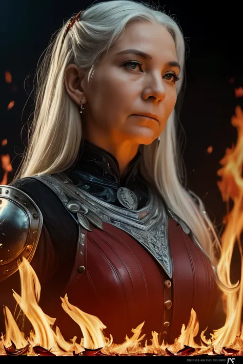 (((Cinematic heavy metal poster))) of Rhaenys Targaryen, (((old woman, 60 years old))) , Gothic style,  (a detailed RAW photo of...