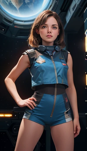 A cute European caucasian brunette (light brown hair) wearing a tight-fitting blue combat uniform with bare arms and bare legs, military patches on the uniform, science fiction, female space combat uniform, background is a launch bay filled with spaceships