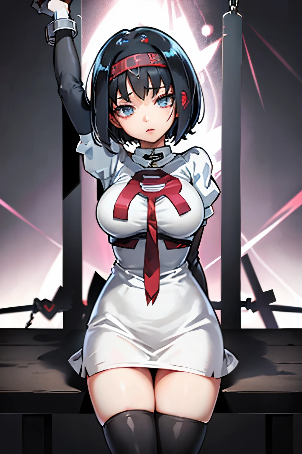 Erica、Pokémon、Black Hair、Short Hair、Large Breasts、Jail、One girl、((Black thigh-high socks))、(Long gloves)、(first round)、(Chained)、((Crucified on the examination table))、(Being restrained)、Leg spread、(Team Rocket)、Red ribbon