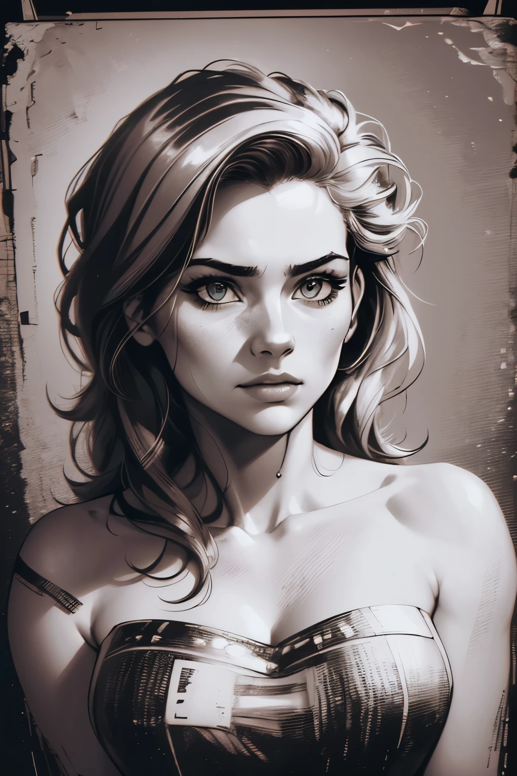 A girl in a mugshot, sketch, black and white, detailed features, vintage style, high contrast lighting, expressive eyes, tousled hair. (best quality, highres, realistic:1.37), vintage, monochrome, intense gaze, dramatic lighting, rugged background, distressed paper texture, retro vibes, id photo, front view