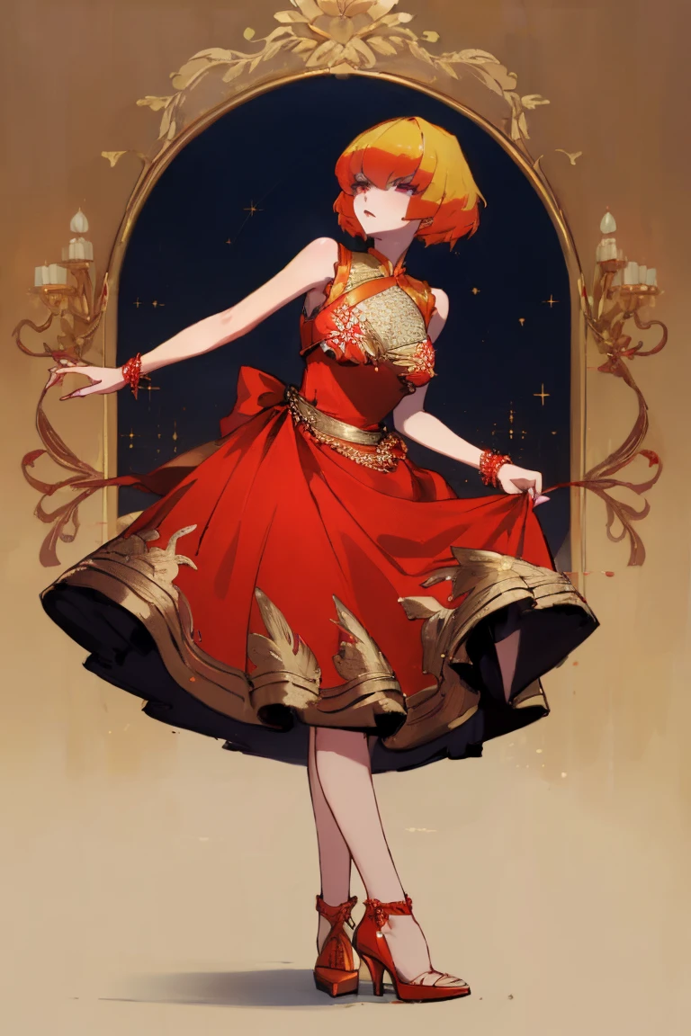 ((highest quality)), ((masterpiece)), (be familiar with),Clementine,Overload,nsfw,Sleeveless dress,Gorgeous red dress,Gold embroidery,High heels,Fascinating,Long skirt