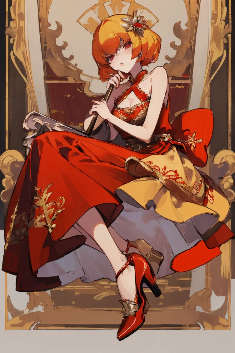 ((highest quality)), ((masterpiece)), (be familiar with),Clementine,Overload,nsfw,Sleeveless dress,Gorgeous red dress,Gold embroidery,High heels,Fascinating,Long skirt