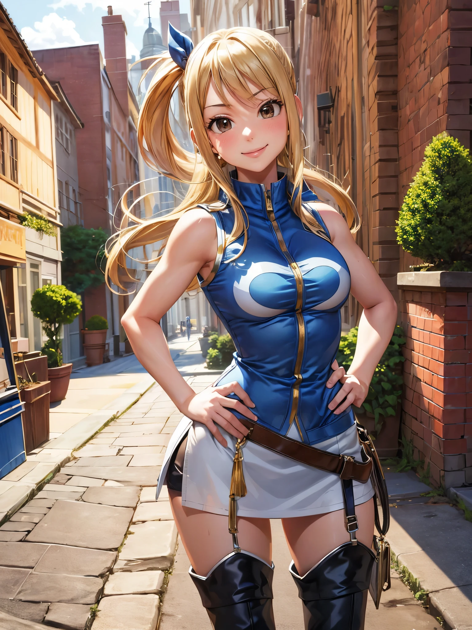 (masterpiece, best quality:1.2), solo, 1girl, lucy heartfilia, smile, looking ta viewer, hands on hips, blue sleeveless, miniskirt, thigh boots