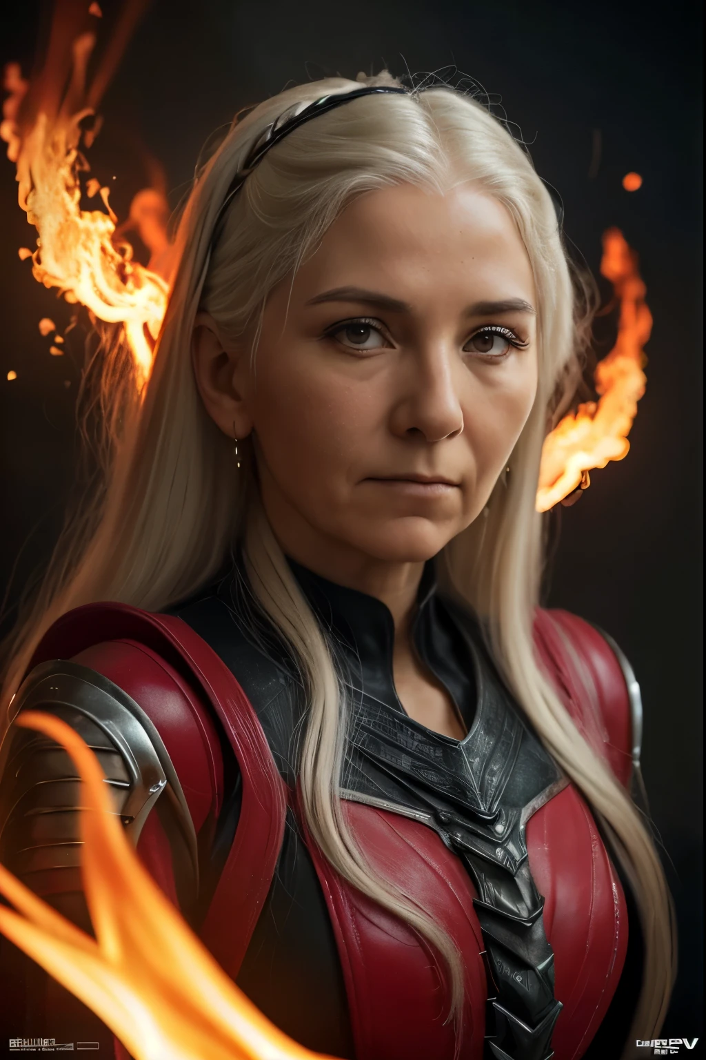 (((Cinematic heavy metal poster))) of Rhaenys Targaryen, (((old woman, 60 years old))) , Gothic style,  (a detailed RAW photo of a ), (master part:1.0), (best quality:1.4), (Ultra Highres:1.2), (photorealistic:1.4), 8K resolution, Canon EOS R5, 50 millimeters, Absurd, Ultra Detailed, sharp focus, Cinematic lighting, detailed face,  (ULZZANG-6500-V1.1), detailed skin texture, pale skin, chest round, (pale :0.5), Cinematic lighting. (((Abstract flames background)))