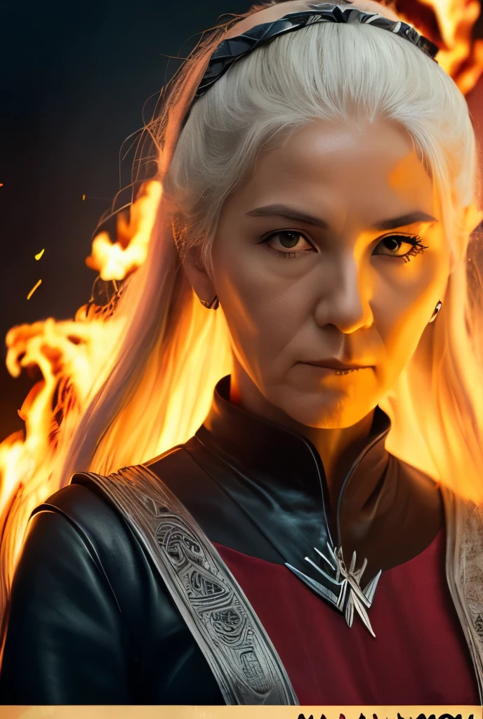 (((Cinematic heavy metal poster))) of Rhaenys Targaryen, (((old woman, 60 years old))) , Gothic style,  (a detailed RAW photo of a ), (master part:1.0), (best quality:1.4), (Ultra Highres:1.2), (photorealistic:1.4), 8K resolution, Canon EOS R5, 50 millimeters, Absurd, Ultra Detailed, sharp focus, Cinematic lighting, detailed face,  (ULZZANG-6500-V1.1), detailed skin texture, pale skin, chest round, (pale :0.5), Cinematic lighting. (((Abstract flames background)))