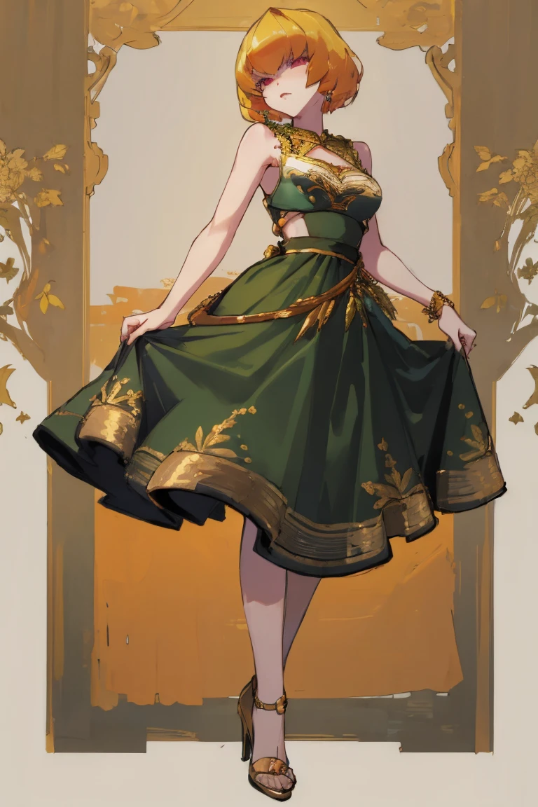 ((highest quality)), ((masterpiece)), (be familiar with),Clementine,Overload,nsfw,Sleeveless dress,Gorgeous green dress,Gold embroidery,High heels,Fascinating,Long skirt