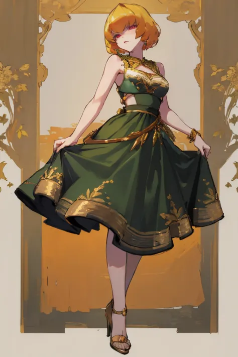 ((highest quality)), ((masterpiece)), (be familiar with),Clementine,Overload,nsfw,Sleeveless dress,Gorgeous green dress,Gold emb...