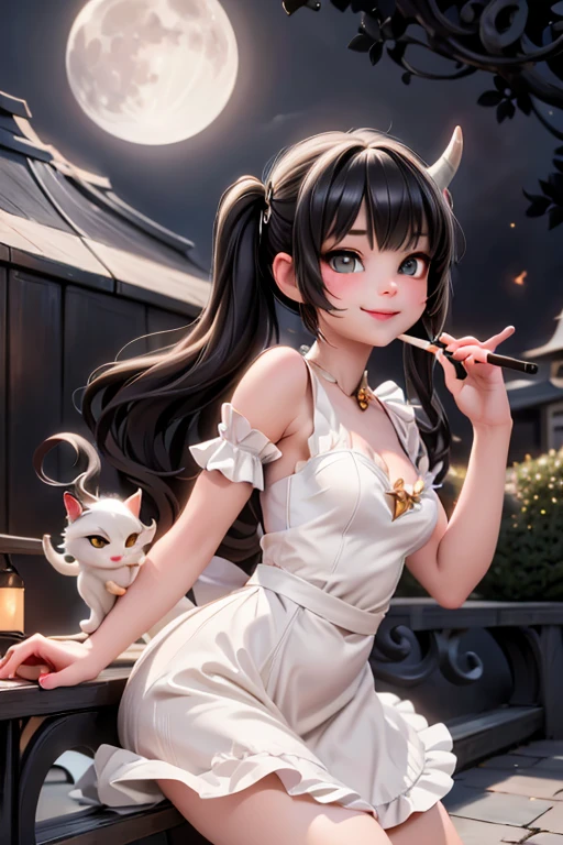 a cute horned maid smiling, round_toe pumps, smoking a cigarrette, terrace at night, fantasy art style, glowing bulbs around, moon at background, 