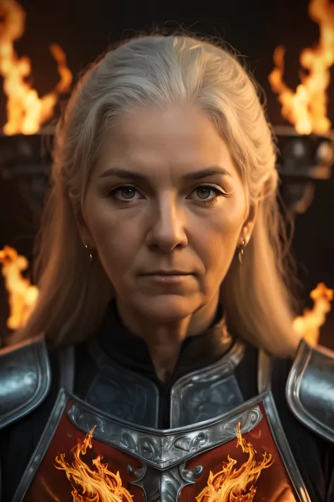 (((Cinematic heavy metal poster))) of Rhaenys Targaryen, (((old woman, 60 years old))) , wearing armor, Gothic style,  (a detail...