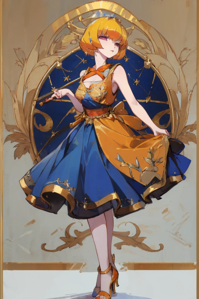 ((highest quality)), ((masterpiece)), (be familiar with),Clementine,Overload,nsfw,Sleeveless dress,Gorgeous blue dress,Gold embroidery,High heels,Fascinating,Long skirt