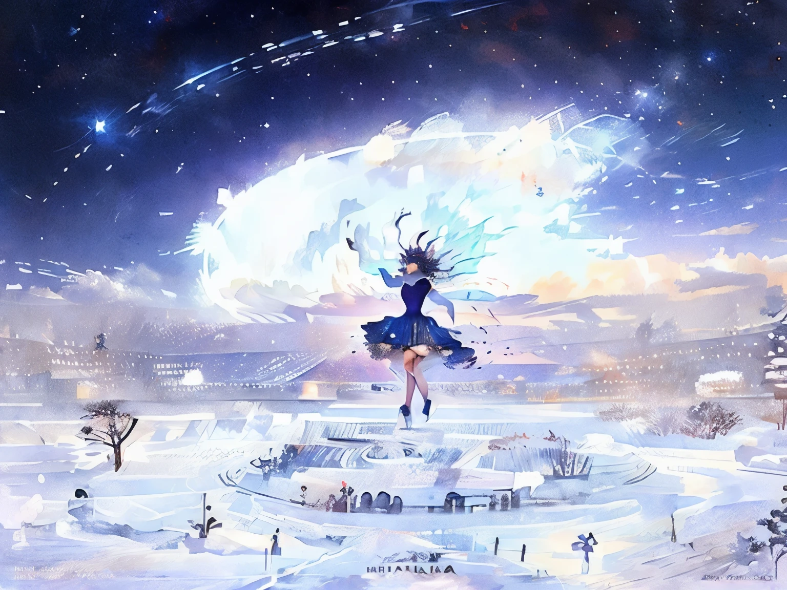 painting of a woman in a tutu dancing in the snow, la danza de las hadas a la luz de la luna, por Yang J., dreamy ILLUSTRATION, ✨🕌🌙, beautiful representation, by Cheng Jiasui, por Ni Duan, ILLUSTRATION!, ethereal fairy tale, very magical and dreamy, dream art, por Ni Tian, por Ju Lian, hermoso artework, hermoso arte