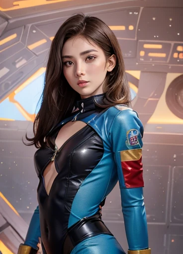 A beautiful brunette wearing a tight-fighting low-cut sentai space uniform, hint of nipple