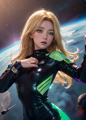 A beautiful blonde European with green eyes wearing a tight-fighting low-cut sentai space uniform, hint of nipple