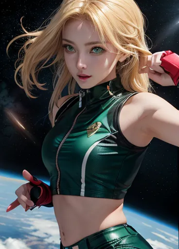 a beautiful blonde european with green eyes wearing a tight-fighting low-cut sentai space uniform,  baremidriff, partially unzip...