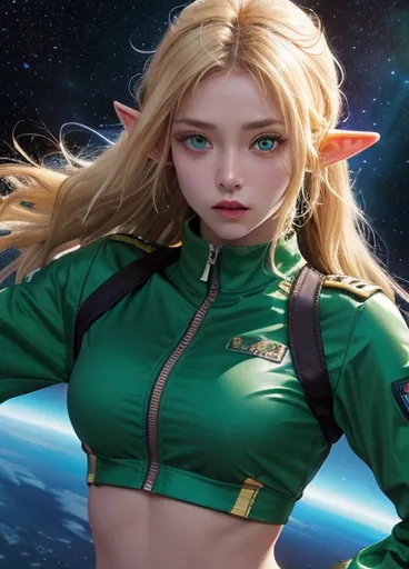 A beautiful blonde European with green eyes and elf ears wearing a tight-fighting low-cut sentai space uniform, bare midriff, pa...