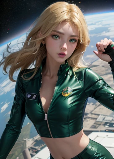 A beautiful blonde European with green eyes wearing a tight-fighting low-cut green sentai space uniform,  baremidriff, partially unzipped uniform, hint of nipple