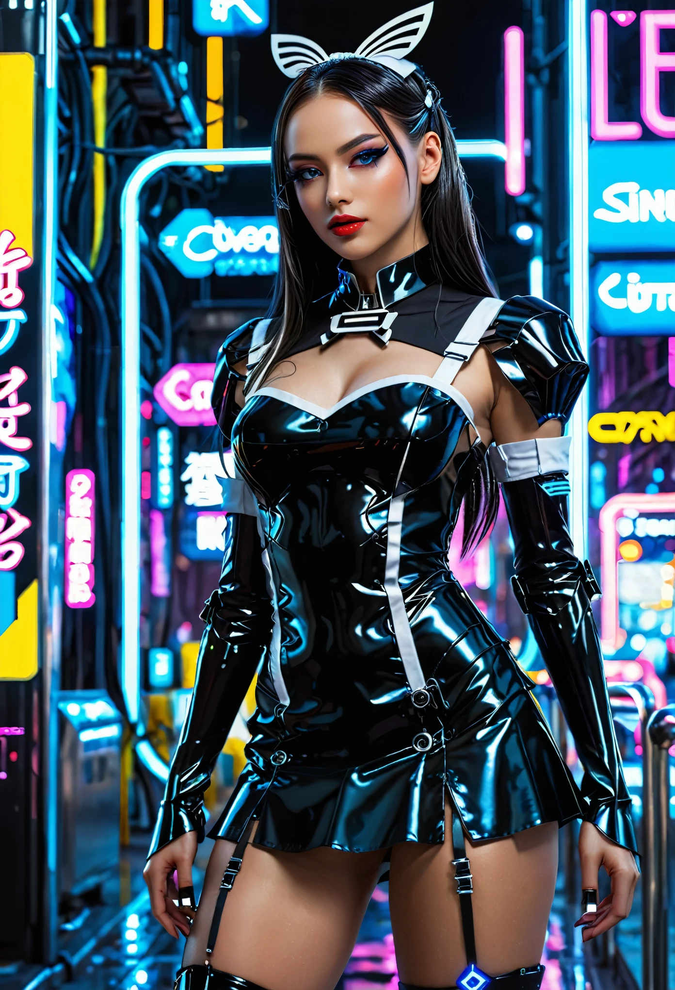 cyberpunk style, cybernetics, a beautiful maid, futuristic, sexy and hot black  maid uniform, full  body shot, long hair, beautiful detailed eyes, beautiful detailed lips, extremely detailed face, longeyelashes, intricate futuristic background, neon lights, chrome elements, dystopian city, (best quality, 4k, 8k, highres, masterpiece:1.2), ultra-detailed, (realistic, photorealistic, photo-realistic:1.37), cinematic lighting, dramatic shadows, vibrant colors