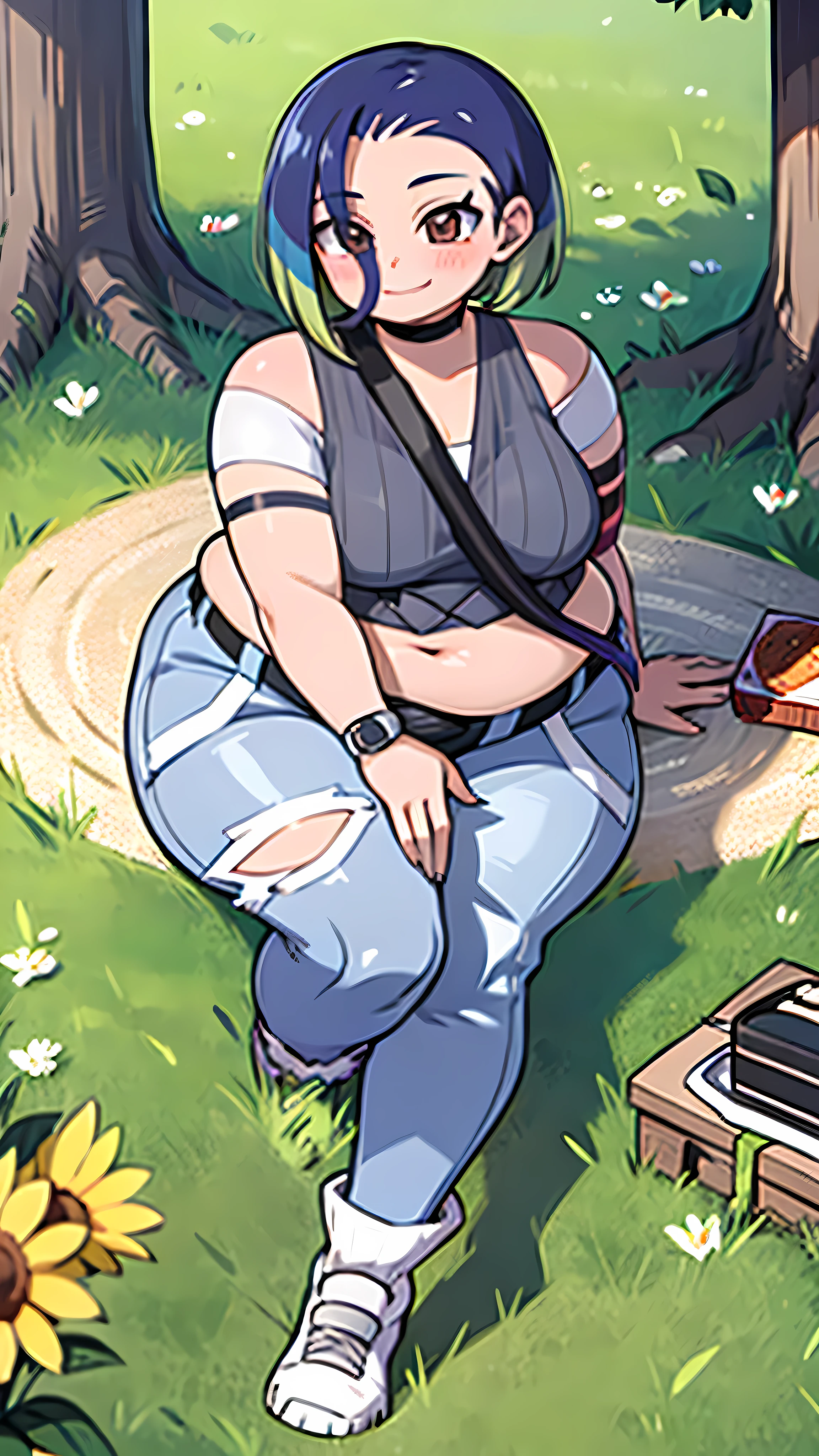 Anime girl sitting on a bench in the grass with a grill - SeaArt AI