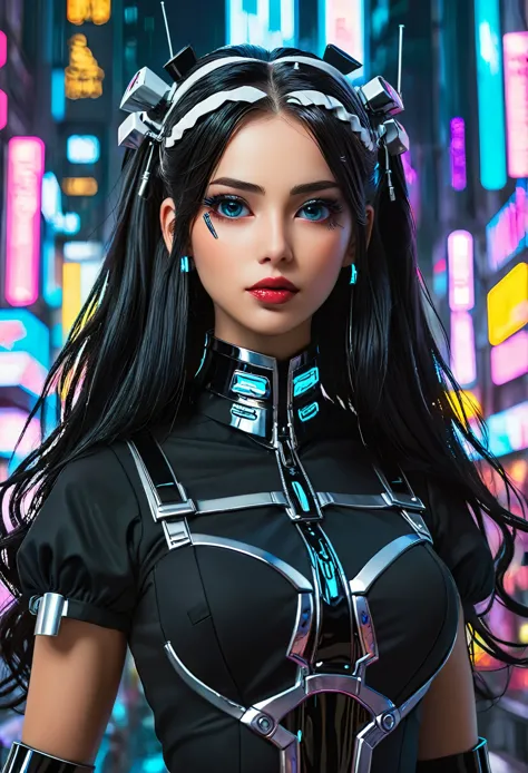 cyberpunk style, cybernetics, a beautiful maid, futuristic, sexy and hot black ((maid uniform)), full  body shot, long hair, bea...