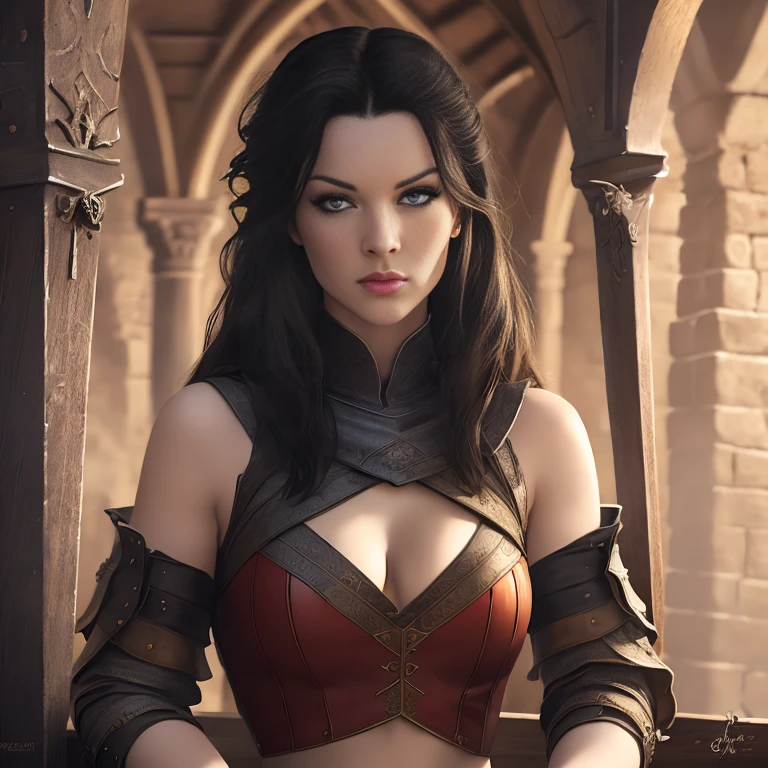 score_9, score_8_up, score_7_up, score_6_up, score_5_up, Carmilla Bolton from Game of Thrones, black hair, sexy, extremely detailed artgerm, in medieval guard uniform posing, midriff, cleavage, (masterpiece, best quality:1.2), Next to a saint Andrews cross, stockade, torture chamber, medieval, (insanely detailed, beautiful detailed, masterpiece, best quality), (insanely detailed, masterpiece, best quality) woStoya
