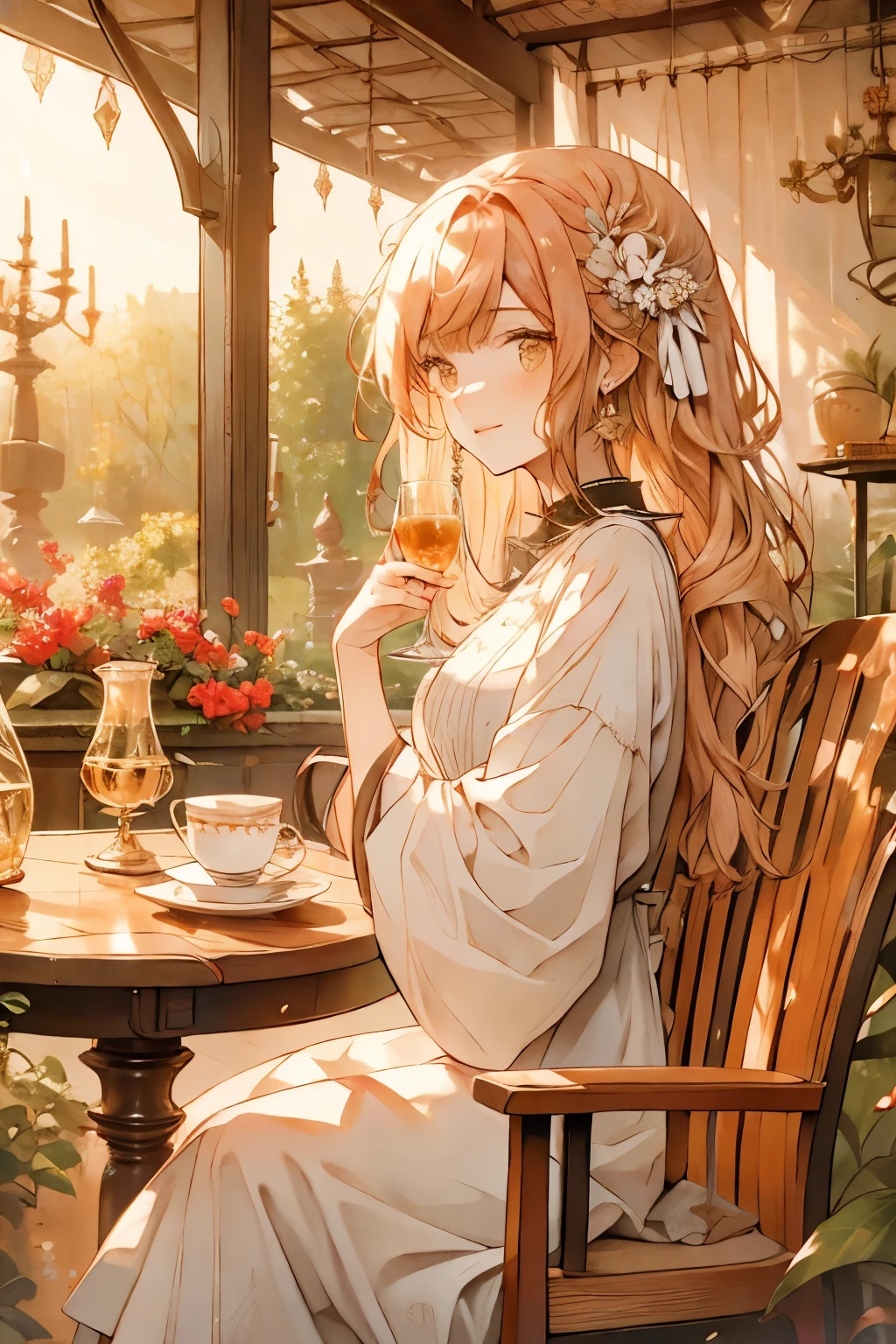 1girl, young woman, 23, ginger hair, very messy hair, curly hair, thick hair, lot of hair, long orange hair, brown eyes, look unfocused, white victorian dress, ruffled long dress, sipping tea, in a garden in front of a house, sitting on a garden chair, with garden tea table, occidental architecture