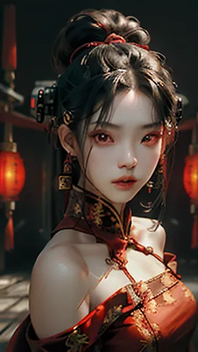 best quality, masterpiece, ultra high res, (photorealistic:1.4), raw photo, 1girl, off shoulder, female chinese vampire, low-cut...