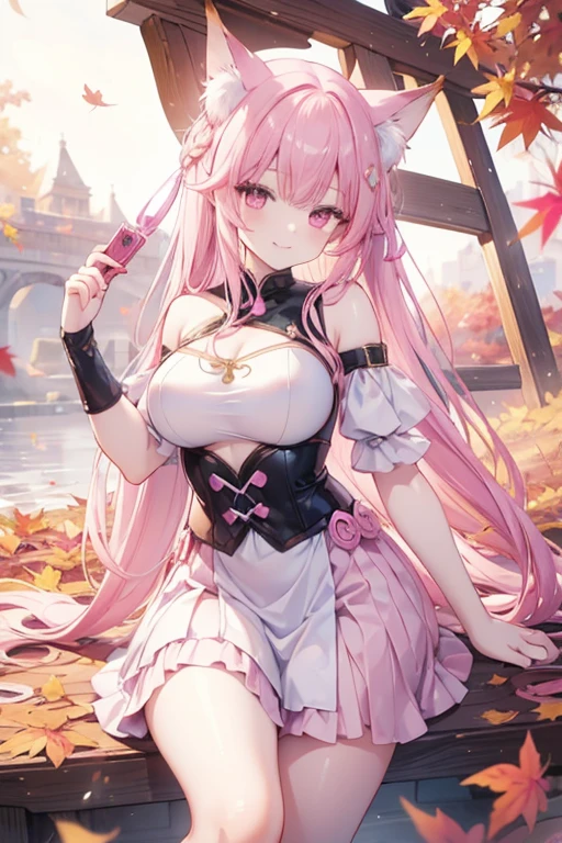 "Epic 4K fantasy scene: Adult girl with long pink hair, with pink eyes, with pink fox ears,Smiling,  She looks happy，very, Autumn Theme, Autumn leaves fall in the background