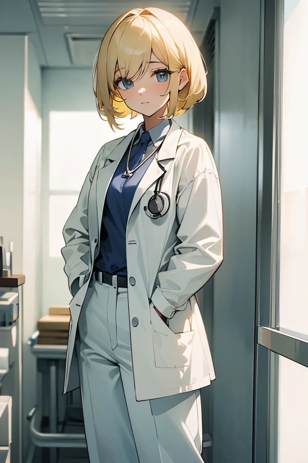 modern hospital, red hair woman, white doctor's lab coat, stethoscope sunny, looking at viewer, white pants