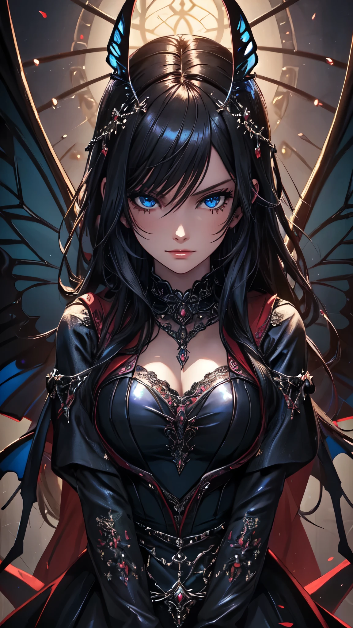 high details, best quality, 16k, RAW, [best detailed], masterpiece, best quality, (extremely detailed), full body, ultra wide shot, photorealistic, dark fantasy art, goth art, RPG art, D&D art, a picture of a dark female fairy in a goth church extremely beautiful fairy, ultra feminine (intense details, Masterpiece, best quality), best detailed face (intense details, Masterpiece, best quality), having wide butterfly wings, spread butterfly wings (intense details, Masterpiece, best quality), dark colors wings (intense details, Masterpiece, best quality), black hair, long hair, shinning hair, flowing hair, dark smile, wicked smile, blue eyes, dark red lips, wearing [red] dress latex corset (intense details, Masterpiece, best quality), dynamic elegant dress bondage gear, chocker, wearing high heels, in flower shop (intense details, Masterpiece, best quality), (intense details, Masterpiece, best quality) a dark goth era street background, dim light, cinematic light, gaslight lamp light, High Detail, Ultra High Quality, High Resolution, 16K Resolution, Ultra HD Pictures, 3D rendering Ultra Realistic, Clear Details, Realistic Detail, Ultra High Definition,detailed face, detailed eyes, detailed hands