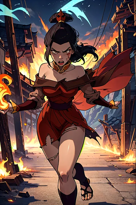 fighting, azula, loose hair, [black hair, topnot], brown eyes, [short hair], flowing hair, action shot, wind in hair, (afraid lo...