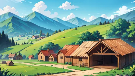 4k ultra hd primitive large city wooden and stone buildings surrounded by farmlands in the distance, wooden barns and stables, f...