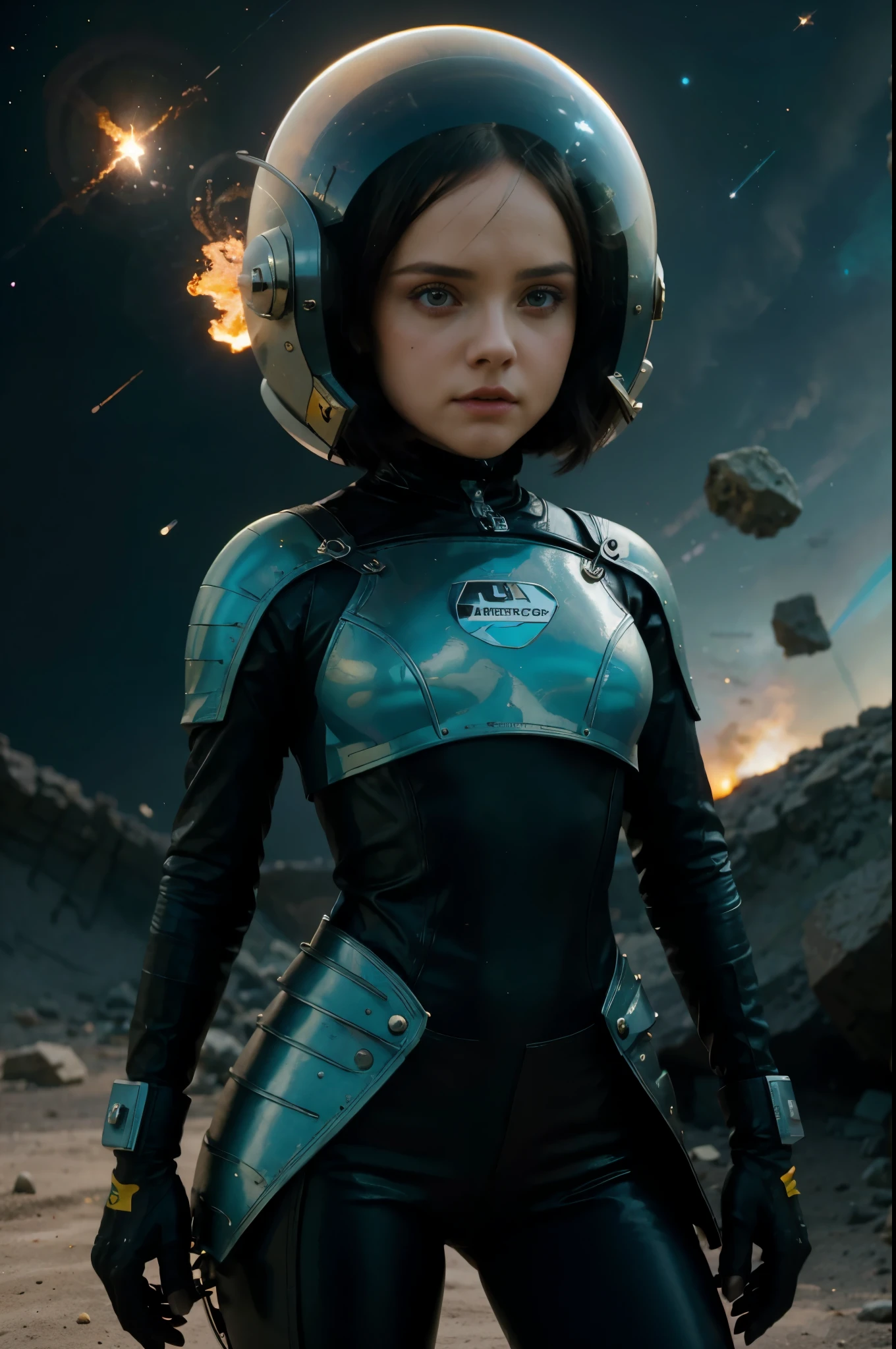 A Cracy Toon Rocketeer Space Girl like Christina Ricci with helmet, tongs in hands, Tv head, pinhead, Black and Yellow Pink Cyan Rusty, Ambient in a meteorite crater super detailed, center, beautiful, soft lighting, focused on the character, 4K resolution, photorealistic rendering,