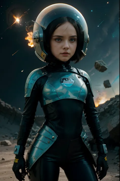 A Cracy Toon Rocketeer Space Girl like Christina Ricci with helmet, tongs in hands, Tv head, pinhead, Black and Yellow Pink Cyan...