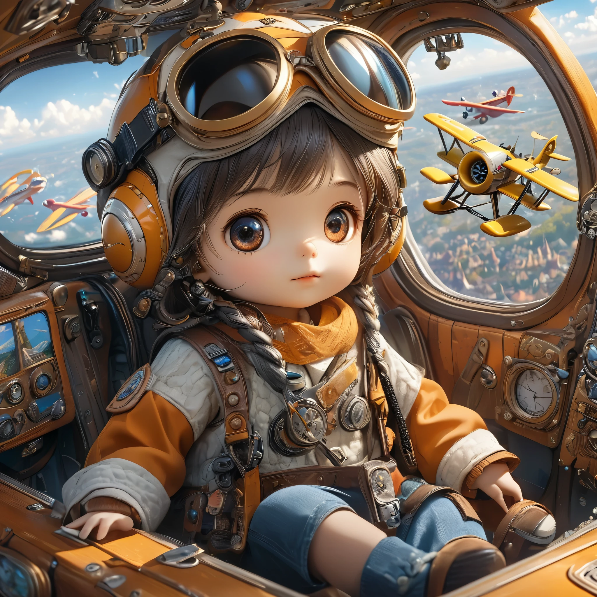 (masterpiece, best quality: 1.2),child，toy plane,pilot，fantasy,Disney style（（充满fantasy元素的杰作）））， （（best quality））， （（Intricate details））（8K）